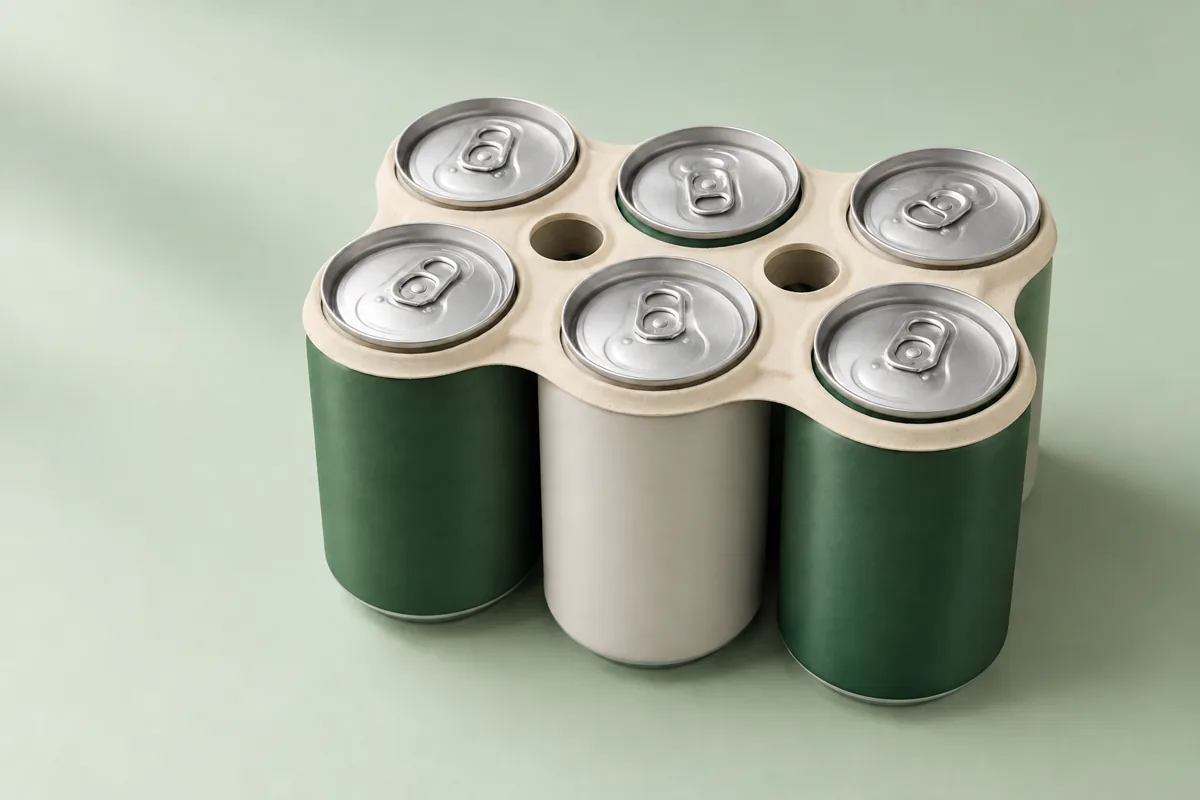 A single thin sugarcane fiber carrier holding six green and neutral beverage cans
